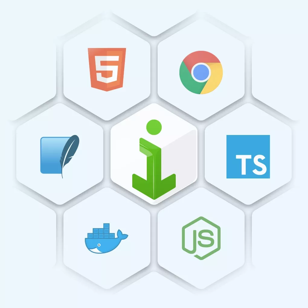 The iModel logo centered, surrounded by various web technologies that it works with.